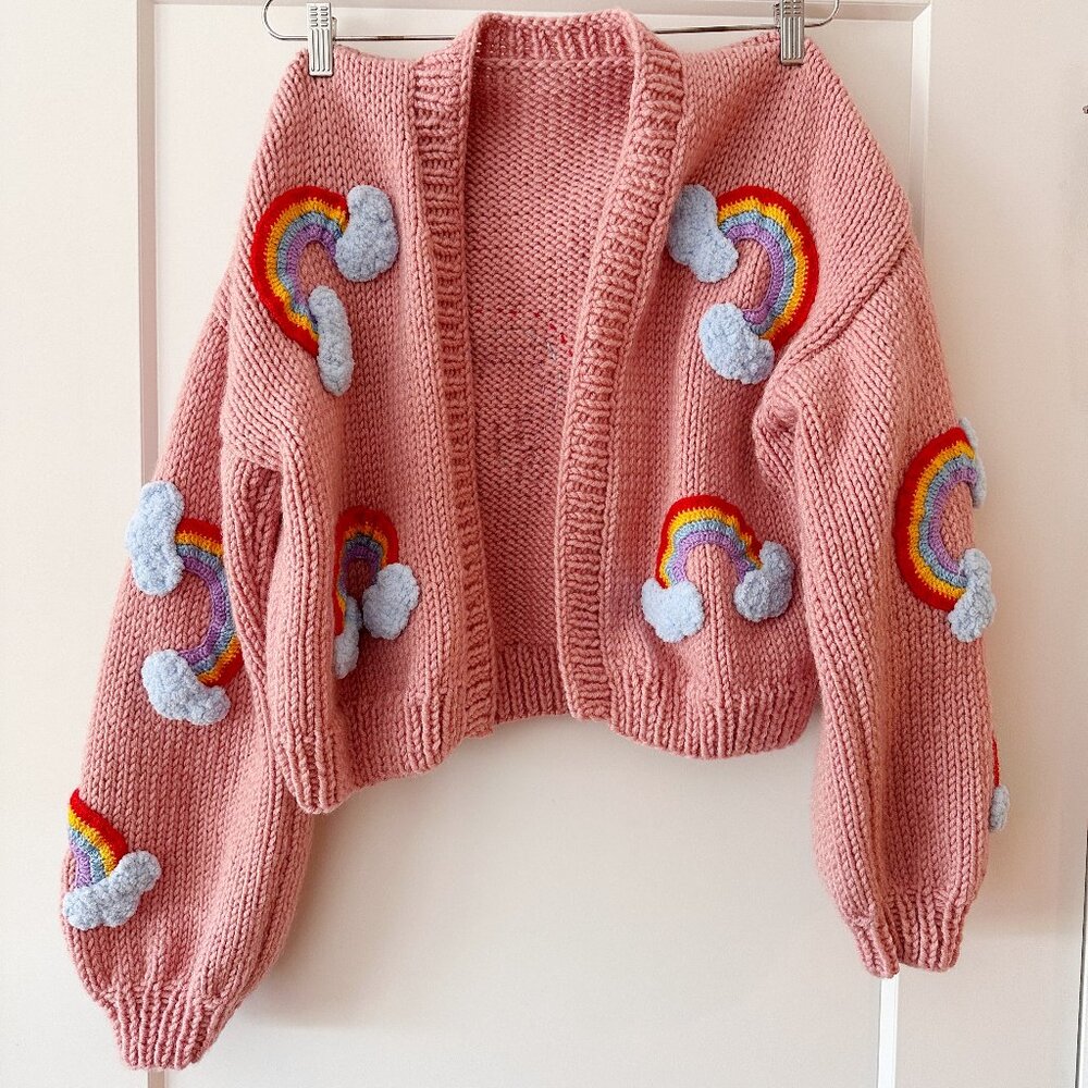 Cropped Knit Cardigan w/ 3D Rainbows